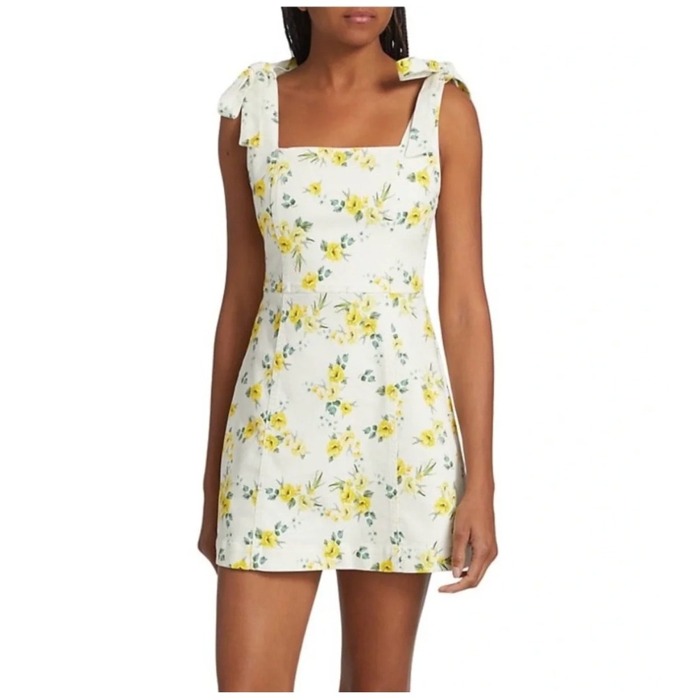 Alice + Olivia Maryann Tie Shoulder Mini Dress Yellow Floral White Denim Size 0